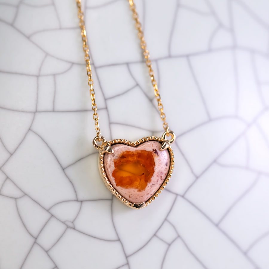 Heart Shaped Mexican Matrix Fire Opal Necklace 18K Yellow Gold