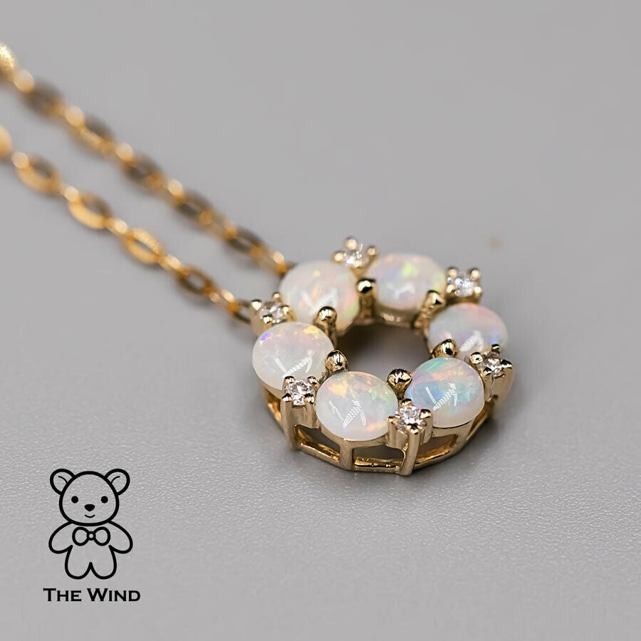 Hexagon Flower Australian Solid Opal Diamond Pendant Necklace 14K Yellow Gold