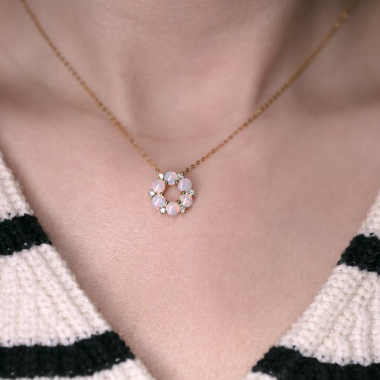 Hexagon Flower Australian Solid Opal Diamond Pendant Necklace 14K Yellow Gold