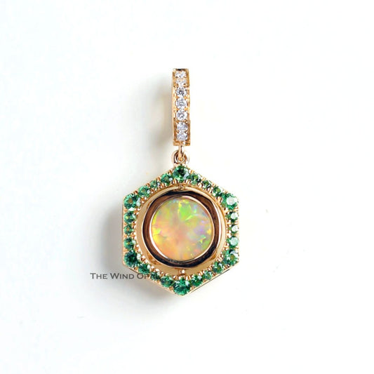 One of a Kind Hexagon Two Sides Sime Black Opal Diamond Tsavorite Necklace 18k Gold
