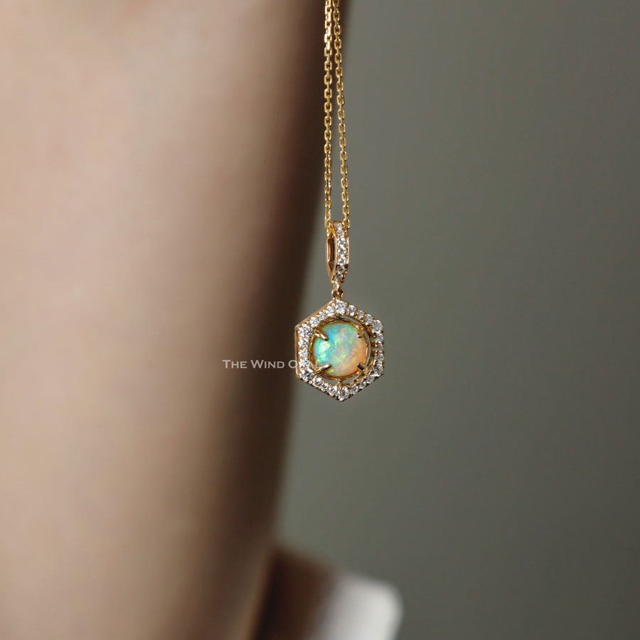 One of a Kind Hexagon Two Sides Sime Black Opal Diamond Tsavorite Necklace 18k Gold