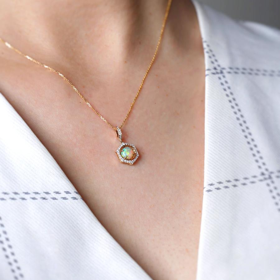 One of a Kind Hexagon Two Sides Sime Black Opal Diamond Tsavorite Necklace 18k Gold