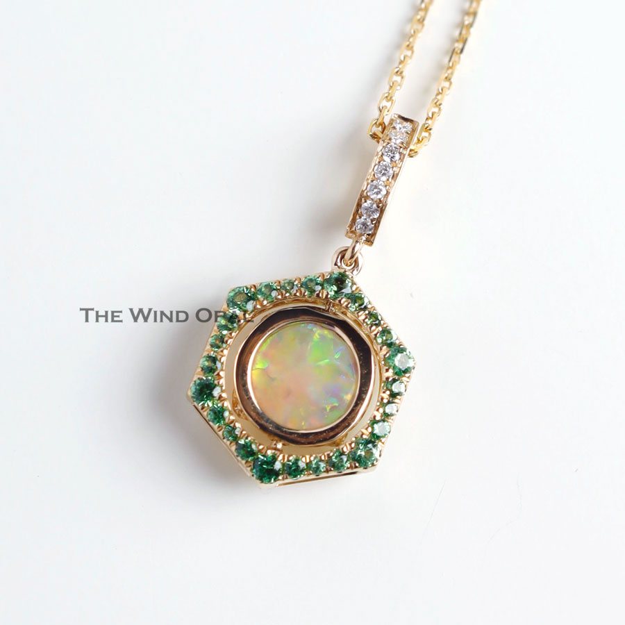 One of a Kind Hexagon Two Sides Sime Black Opal Diamond Tsavorite Necklace 18k Gold