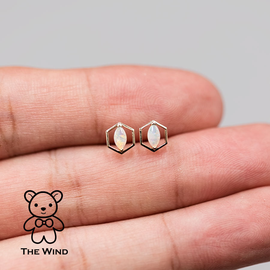 Geometric Hexagon Shaped Australian Solid Opal Stud Earrings 14K Yellow Gold