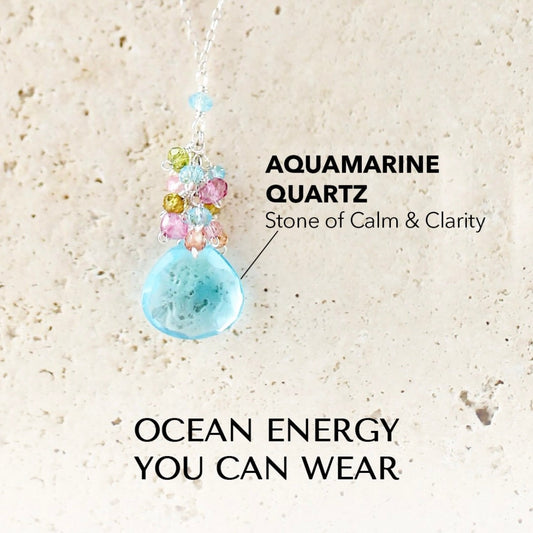 Aquamarine Quartz Silver Raindrop Cluster Necklace