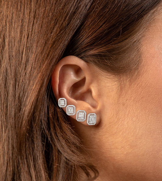 Diamond Emerald Cut Cluster Halo Stud Earrings