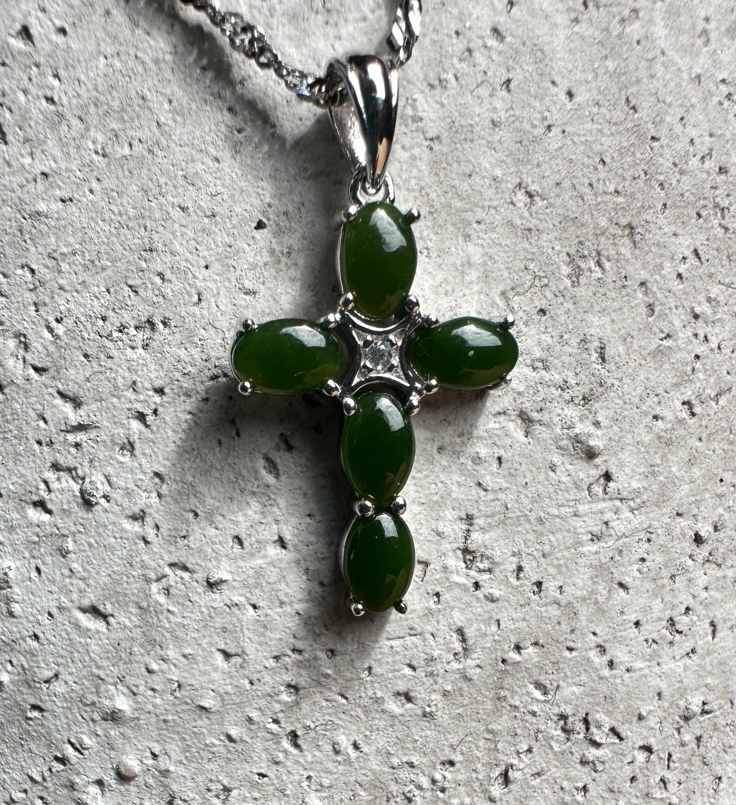 Dark Green Jade and Silver Cross Pendant - 4134