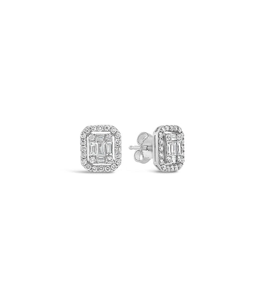 Diamond Emerald Cut Cluster Halo Stud Earrings