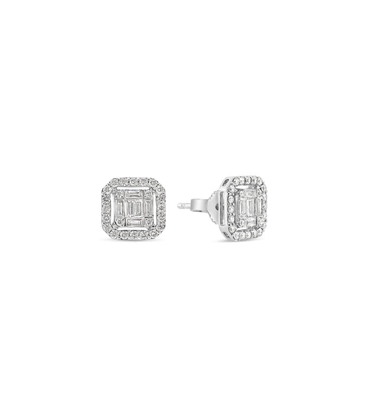 Diamond Asscher Cut Cluster Halo Stud Earrings