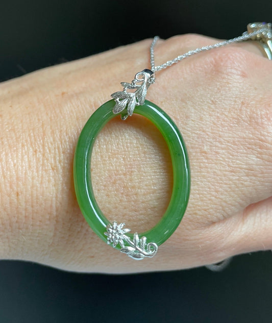 Jade Sterling Silver Oval Pendant, 35mm