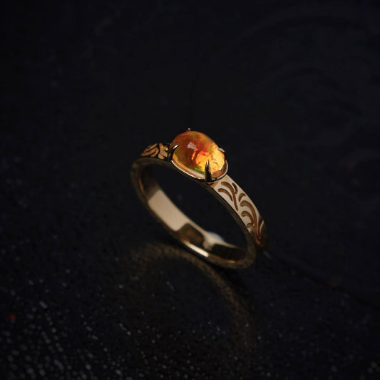 The Golden Age - Ornamental Filigree Fire Opal Engagement Ring 18K Gold