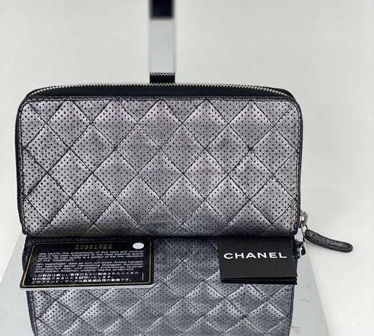 Chanel Perforated Silver Metallic Lambskin Quilted Zip Around Wallet Clutch