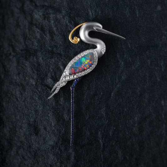 The Egret - Boulder Opal Diamond Sapphire Pendant & Brooch 18k Gold
