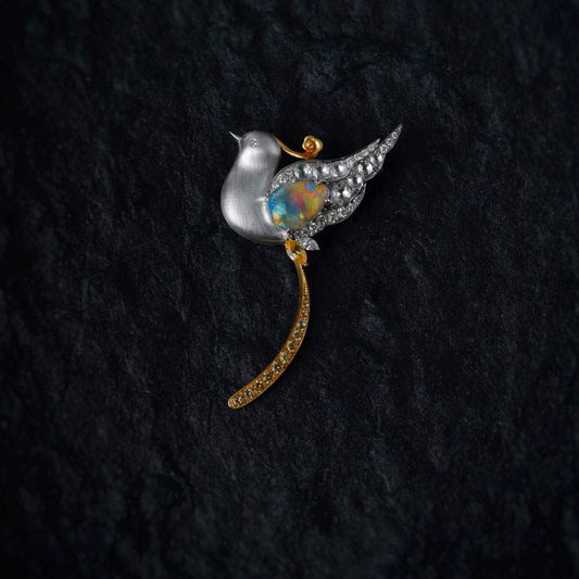 Baby Phoenix - Black Opal, Diamond, Sapphire Pendant Brooch 18K Gold