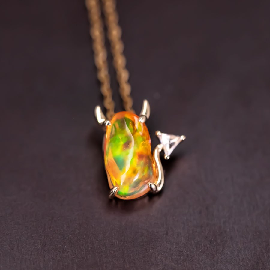 I Love You, Little Devil - Fire Opal Diamond Necklace 18K Yellow Gold