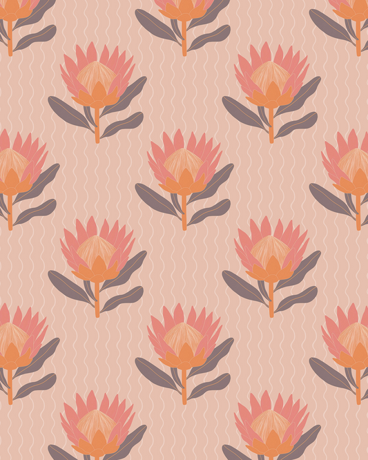 King Protea Wallpaper, coral and orange