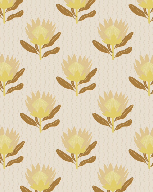 King Protea Wallpaper, neutral and brown mustard