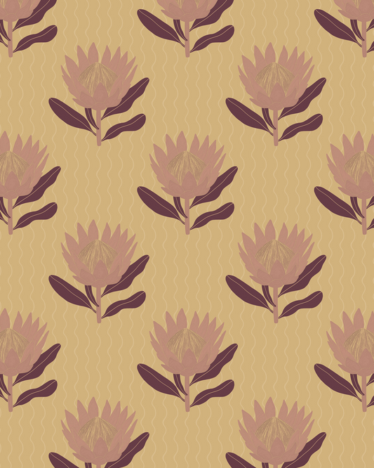 King Protea Wallpaper, butter yellow and mauve