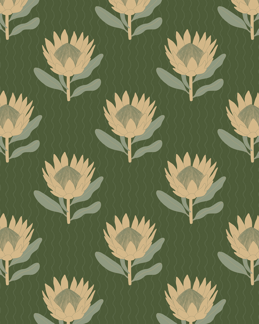 King Protea Wallpaper, forest green and butter yellow