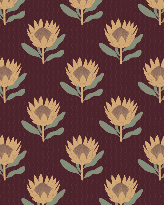 King Protea Wallpaper, dark plum and butter yellow
