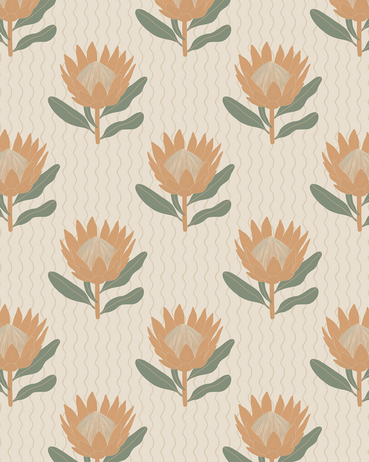 King Protea Wallpaper, neutral and apricot
