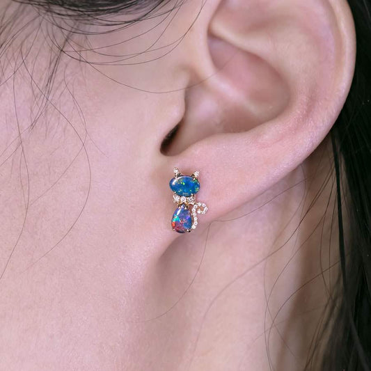 Kitten Cat Doublet Opal Diamond Stud Earrings 18K Yellow Gold
