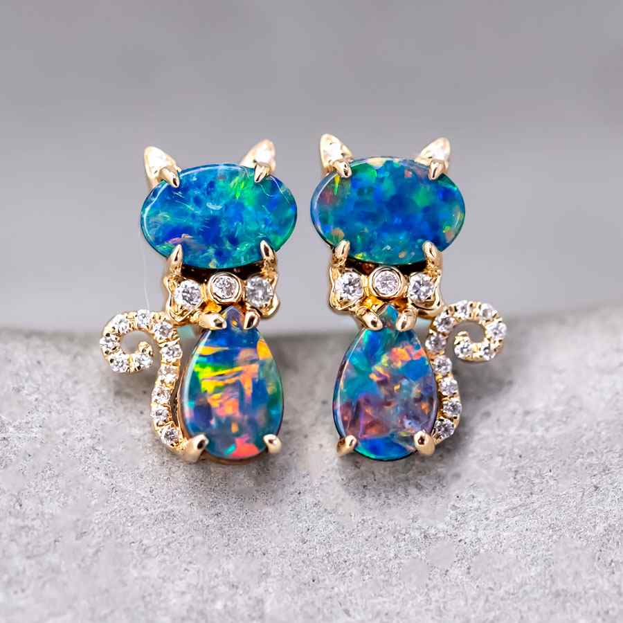 Kitten Cat Doublet Opal Diamond Stud Earrings 18K Yellow Gold