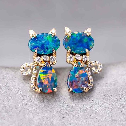 Kitten Cat Doublet Opal Diamond Stud Earrings 18K Yellow Gold