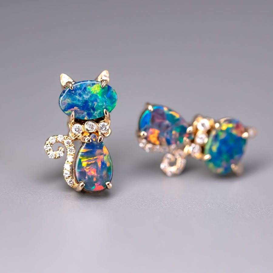 Kitten Cat Doublet Opal Diamond Stud Earrings 18K Yellow Gold