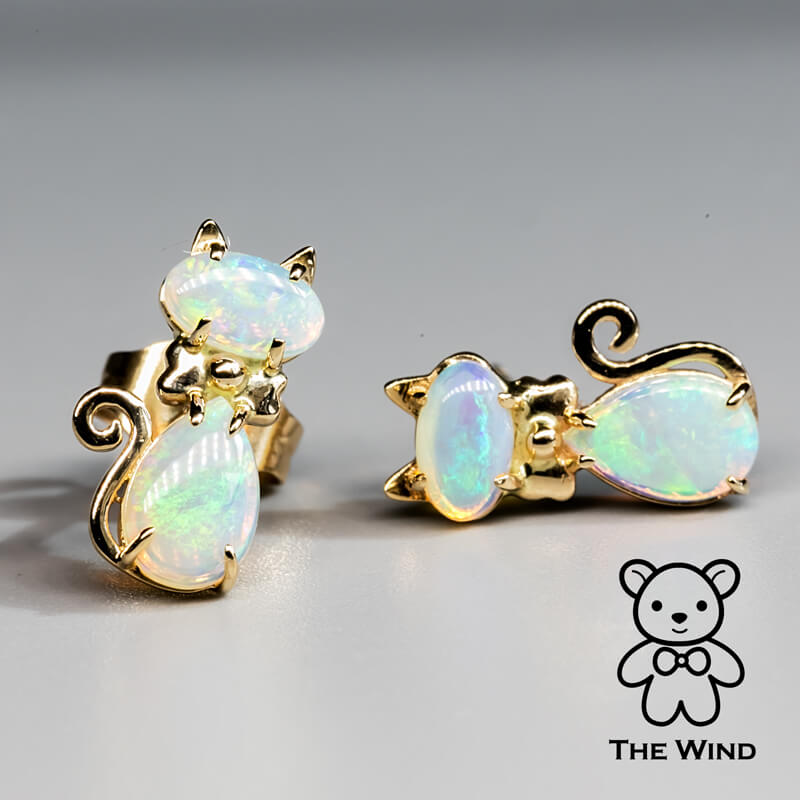 Kitty Cat Australian Solid Opal Stud Earrings 14k Yellow Gold