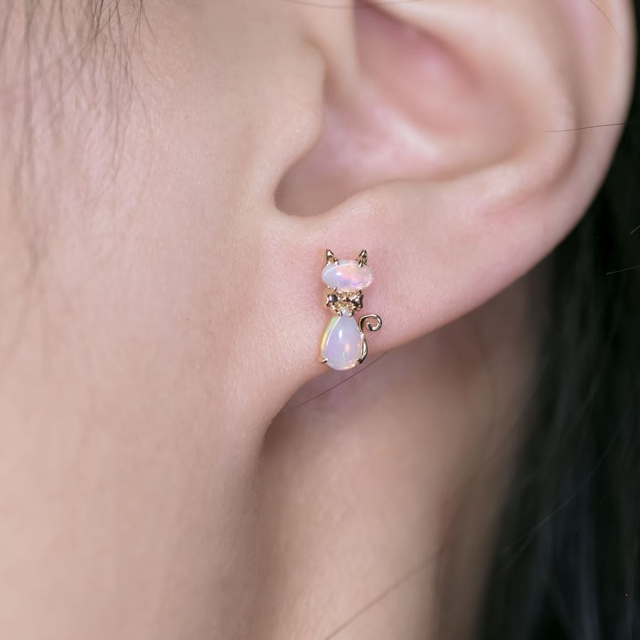 Kitty Cat Australian Solid Opal Stud Earrings 14k Yellow Gold
