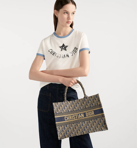 Medium Book Tote Blue Dior Oblique Chambray Embroidery