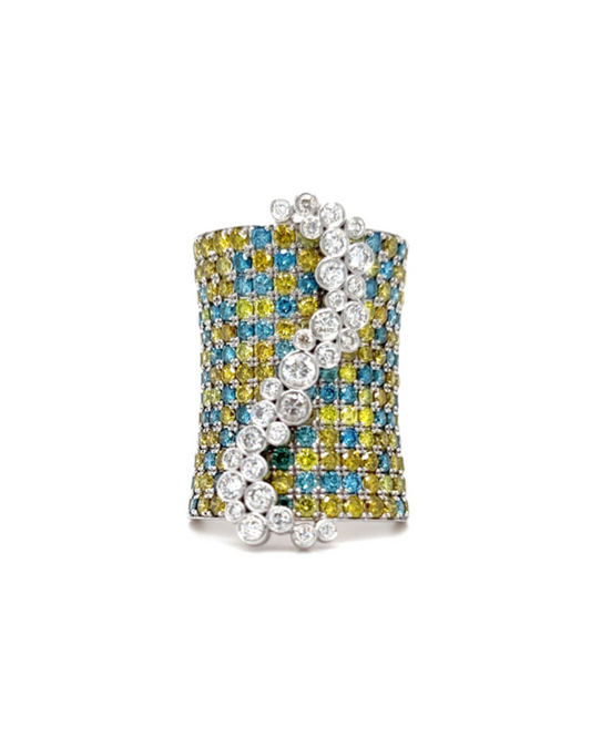 "Lights in the Desert" Yellow and Blue Diamond Ring in White Gold