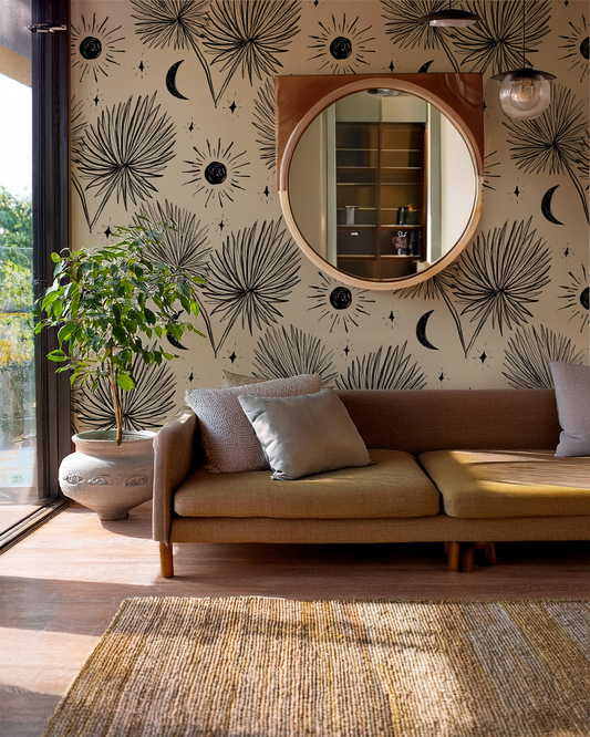 Night Palm Wallpaper, tan and black