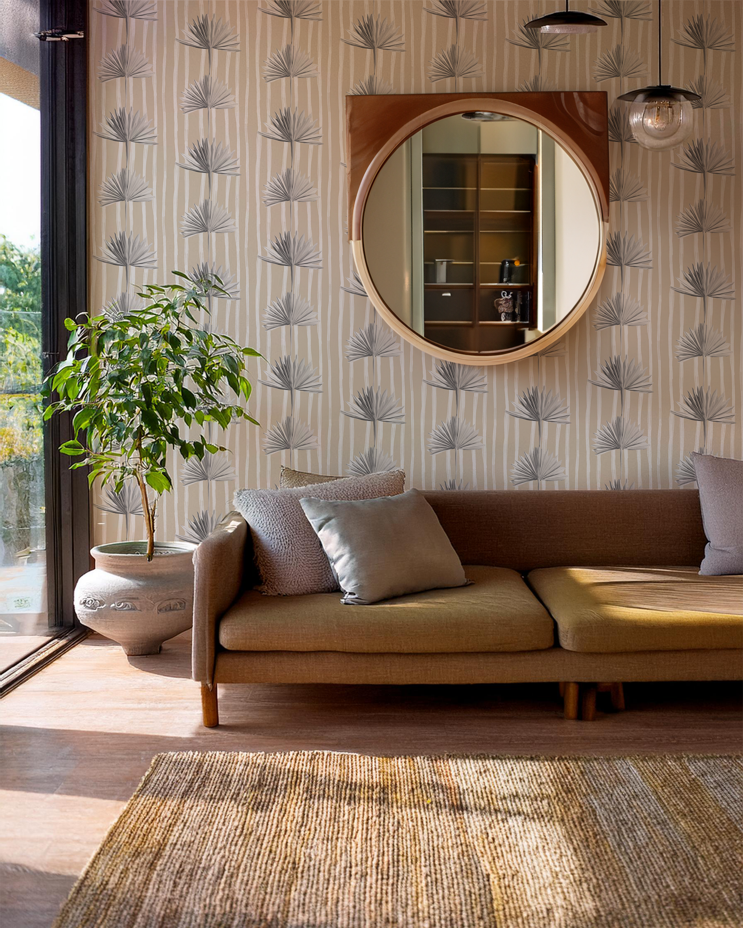 Stripey Palm Wallpaper, neutral and white