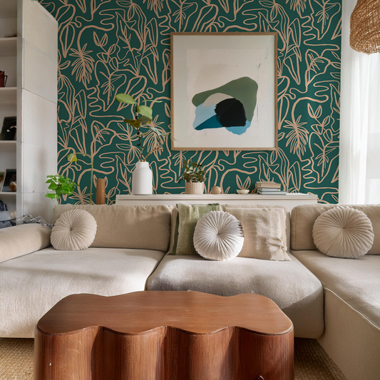 Inked Foliage Wallpaper, teal and peach