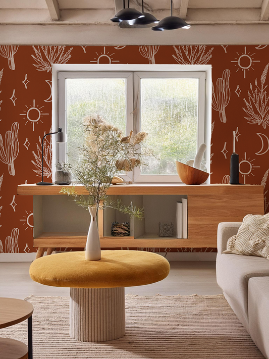 Desert Sky Wallpaper, large pattern, rust and white