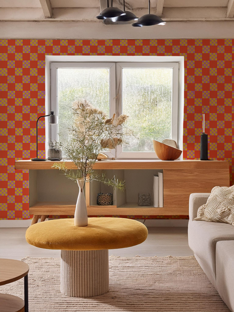 Checkered Quilt Wallpaper, red-orange, yellow and purple