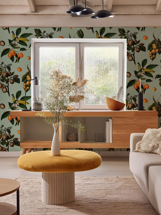 Vintage Orchard Wallpaper, robin egg