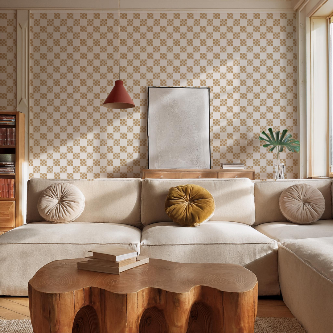 Checkered Quilt Wallpaper, tan and white