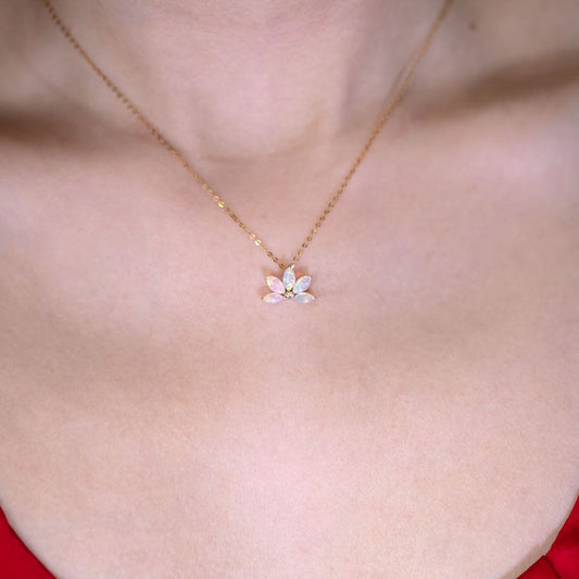 Lotus Water Lily Design Australian Solid Opal Diamond Necklace 14K Yellow Gold