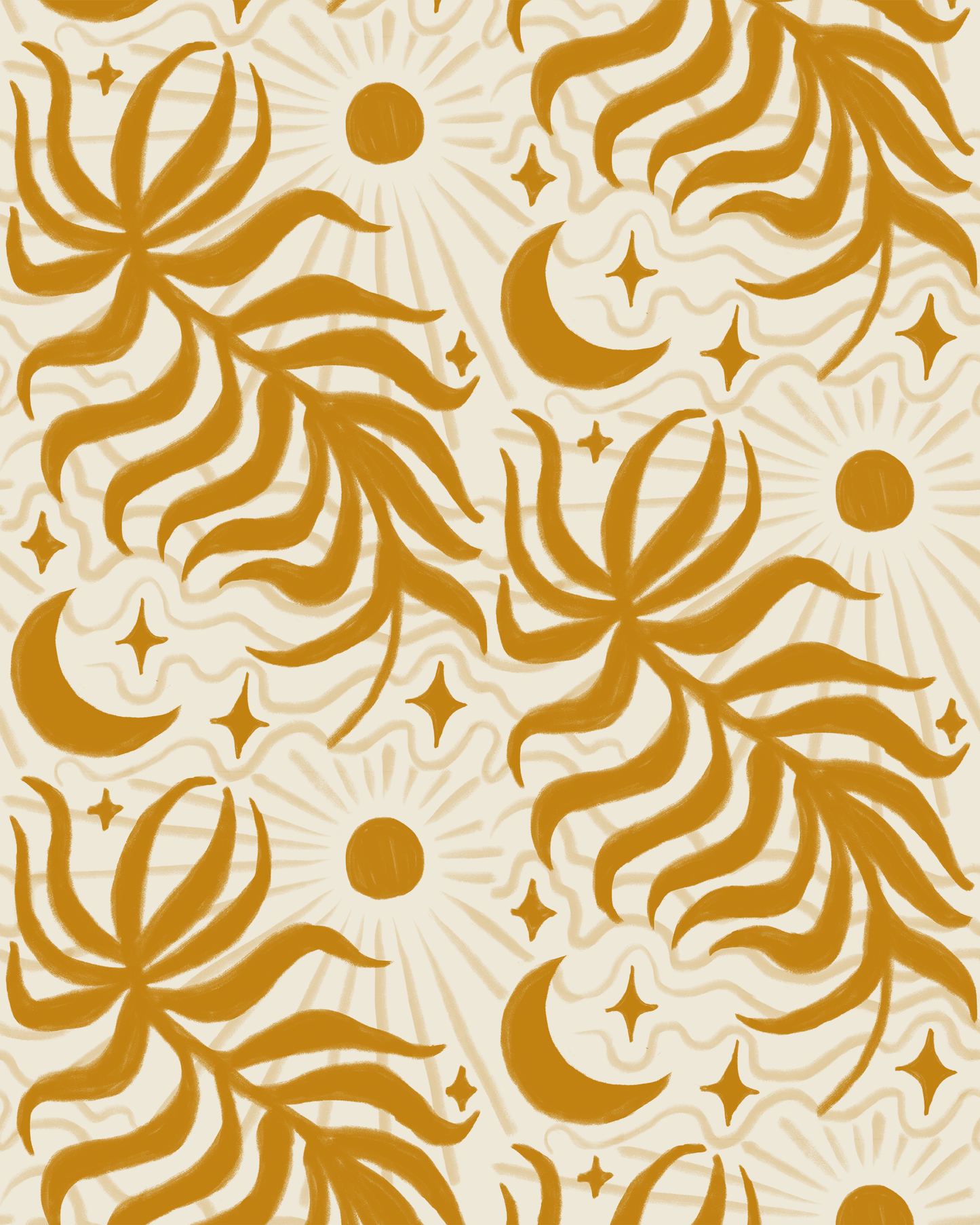 Lunar Leaf Wallpaper, beige and mustard