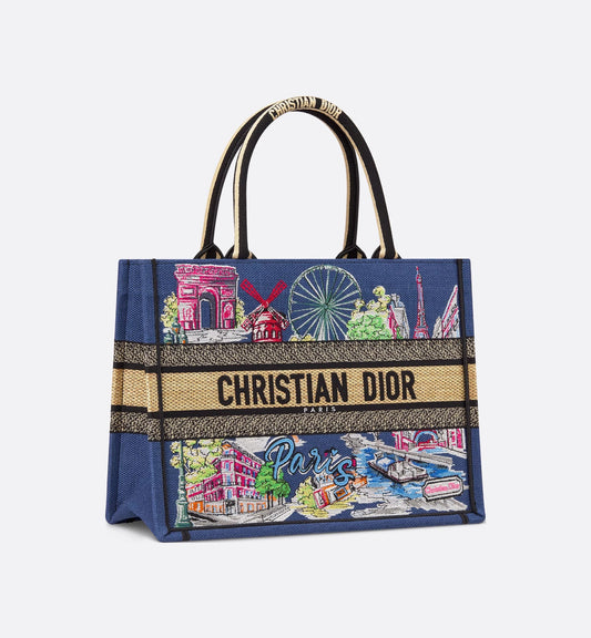 Souvenir Medium Book Tote Natural Raffia and Multicolor Embroidered Cotton