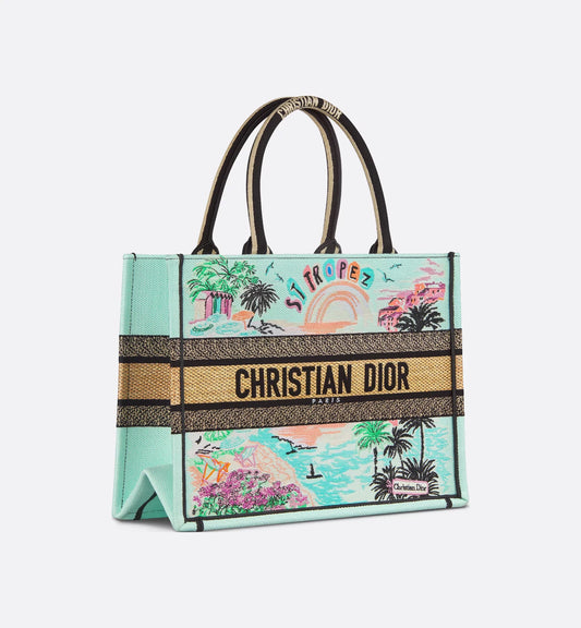 Souvenir Medium Book Tote Natural Raffia and Multicolor Embroidered Cotton