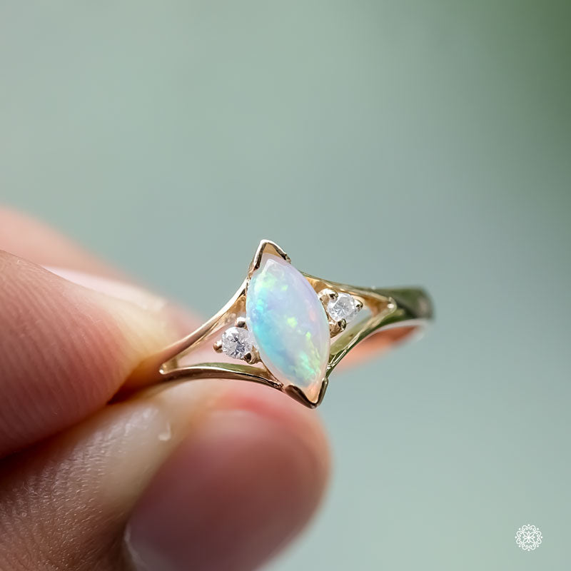Marquise Cut Australian Solid Opal & Diamond Ring 14K Yellow Gold