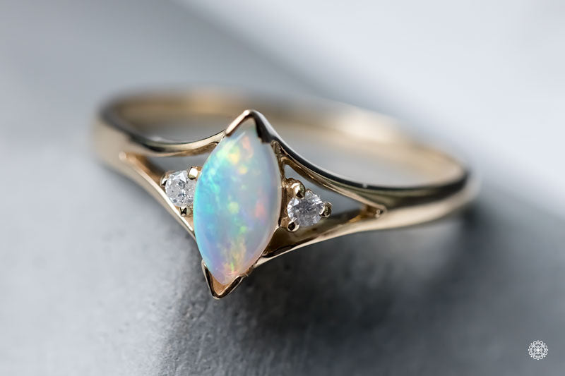 Marquise Cut Australian Solid Opal & Diamond Ring 14K Yellow Gold