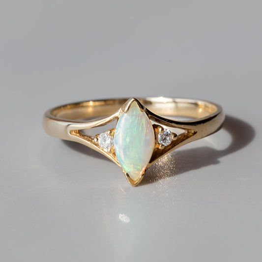 Marquise Cut Australian Solid Opal & Diamond Ring 14K Yellow Gold