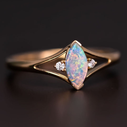 Marquise Cut Australian Solid Opal & Diamond Ring 18K Yellow Gold