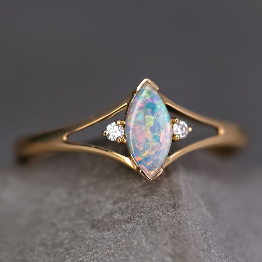 Marquise Cut Australian Solid Opal & Diamond Ring 18K Yellow Gold