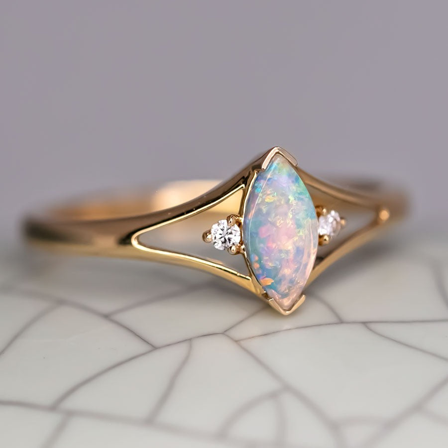 Marquise Cut Australian Solid Opal & Diamond Ring 18K Yellow Gold
